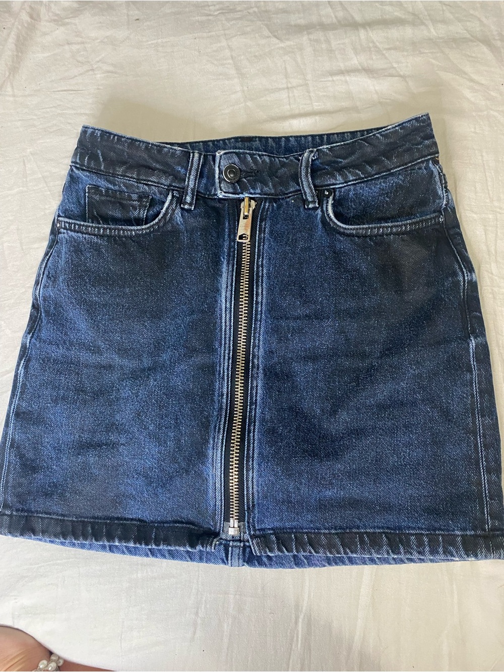 All Saints Dark Blue Denim Front-Zip Mini Skirt 2